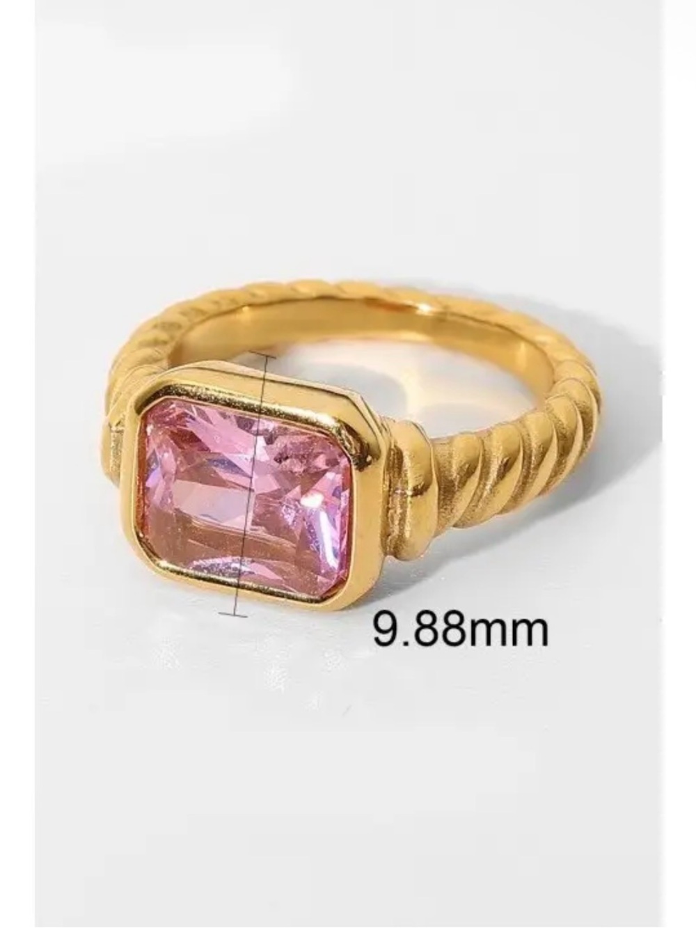 Waterproof Tarnish Free Gold-Tone Pink Stone Rope Band Ring Size 8
